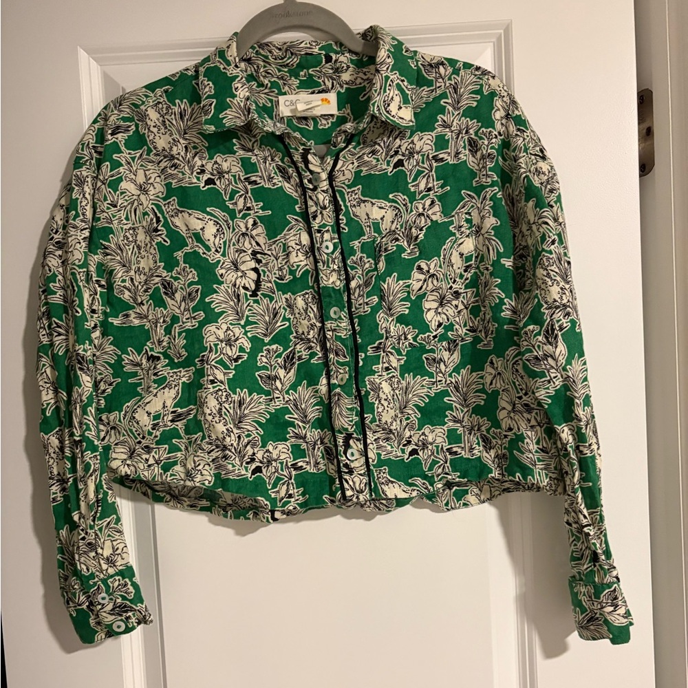 C&C California Green and White Floral Cropped Linen jacket size small